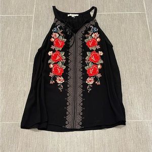 Boutique black with embroidered red flowers tie tank